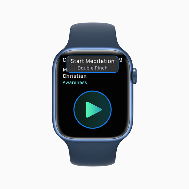 An Apple Watch screen shows the double-pinch gesture a user can use to start a meditation.