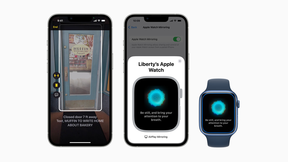 New accessibility features are shown on the screens of iPhone and Apple Watch.
