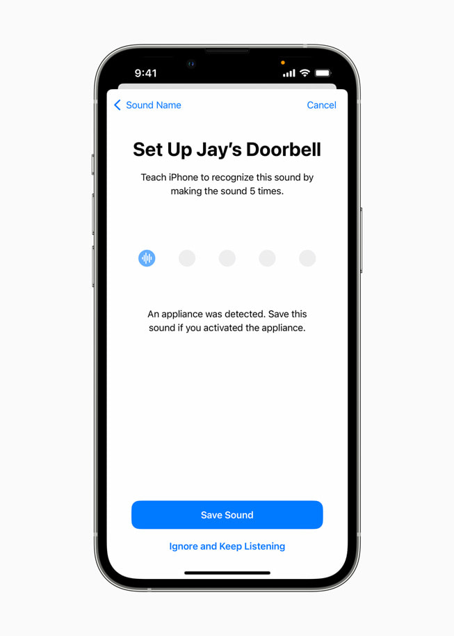 A user employs Sound Recognition to recognize their home’s unique doorbell.