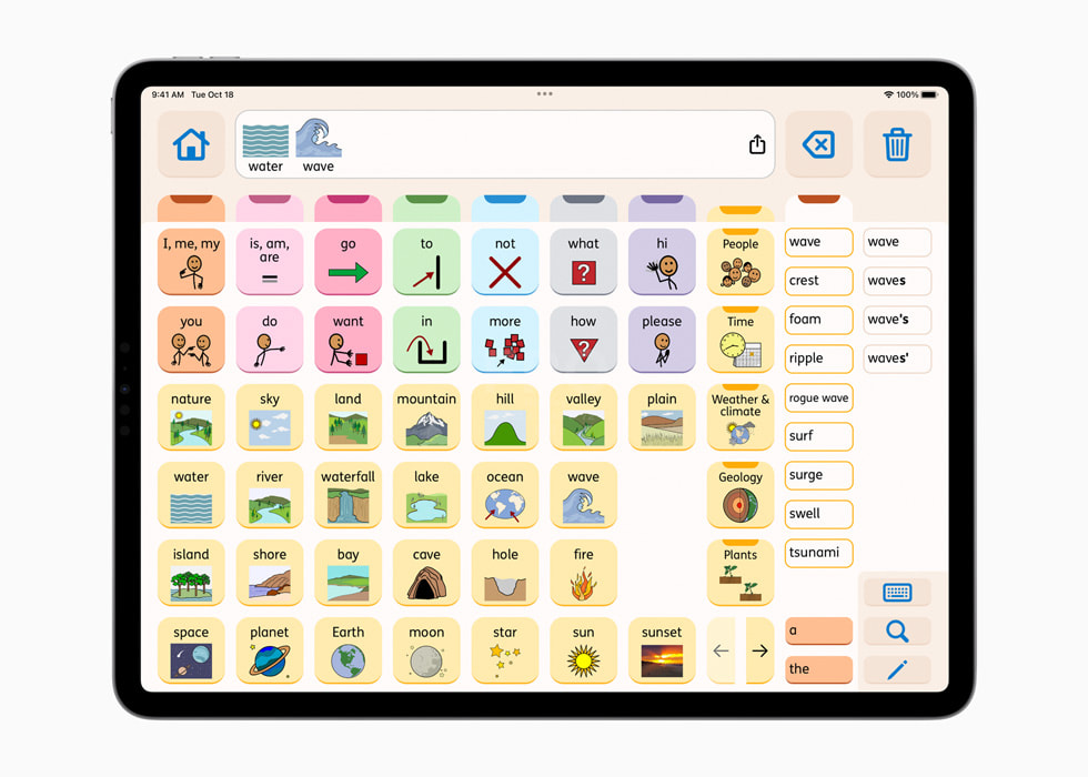 L’interface de l’app Proloquo est affichée sur un iPad.