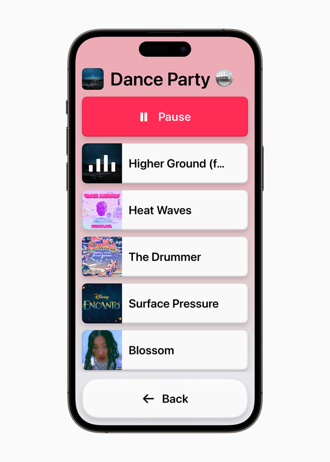 iPhone 14 Pro Max의 단순화된 음악 앱.