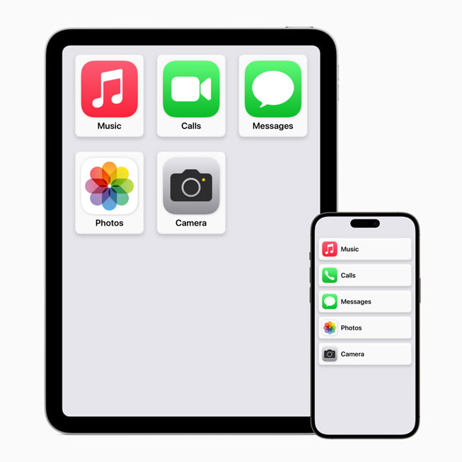 iPad 및 iPhone의 새롭게 간소화된 홈 화면에 Assistive Access 기능이 활성화된 모습.