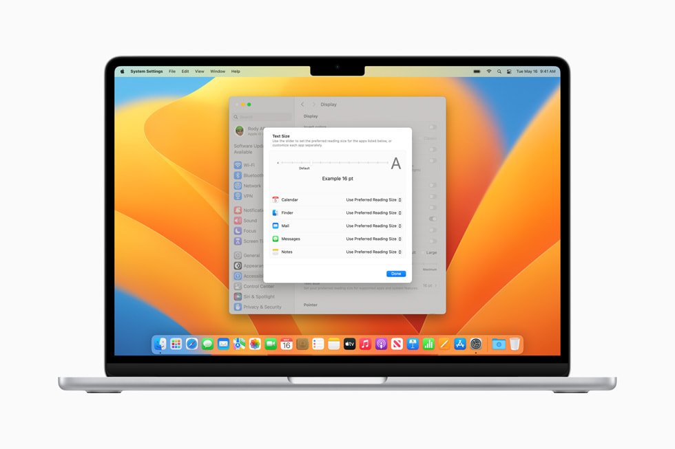 La configuración de Tamaño del Texto en la MacBook Air.