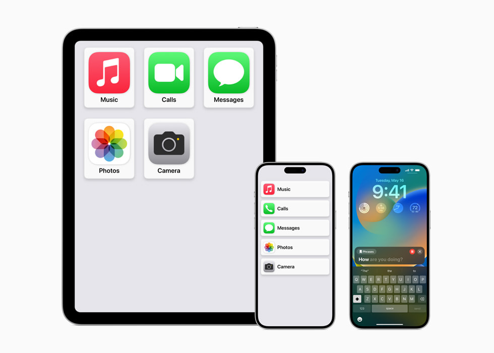 Se muestran distintas pantallas de inicio con Assistive Access en el iPad y el iPhone junto a una grabación de Live Speech en un iPhone.