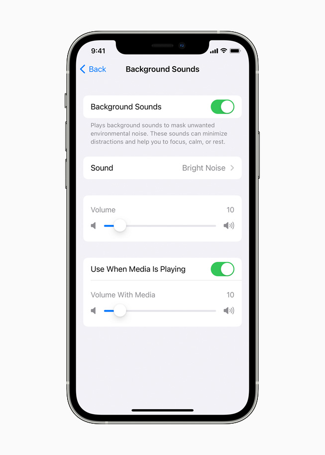The background sounds feature displayed on iPhone 12 Pro.