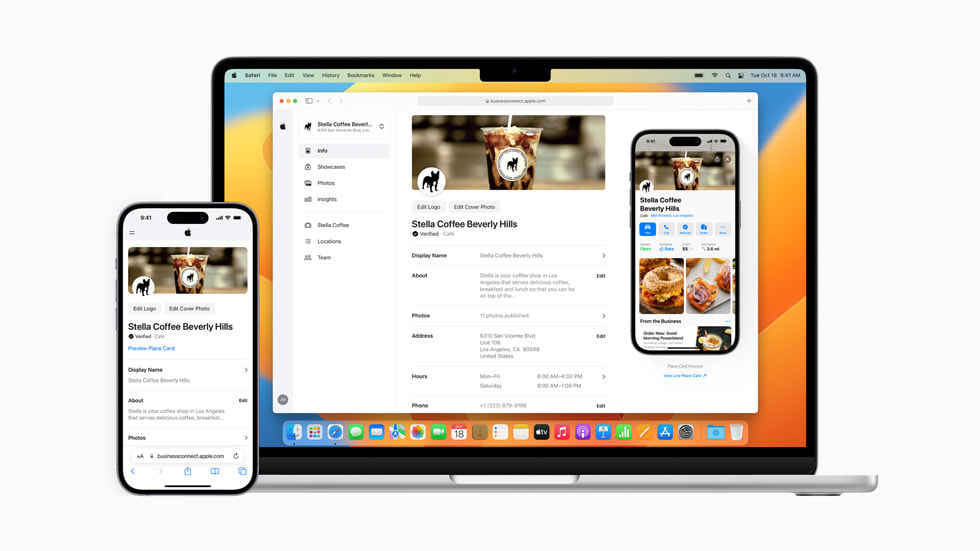 Das Dashboard von Apple Business Connect auf einem MacBook Pro und einem iPhone.
