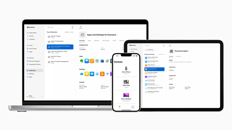 Apple Business Essentials, Apple Business Connect and Tap to Pay displayed on MacBook Pro, iPad and iPhone, respectively.