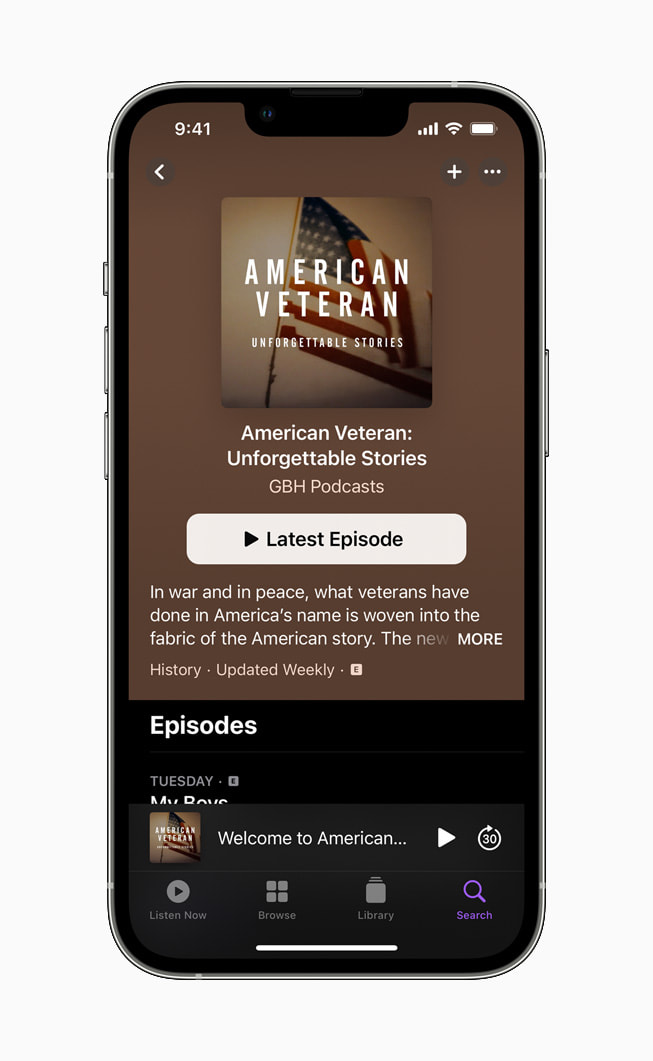 American Veteran podcast episode list displayed on iPhone 13 Pro.