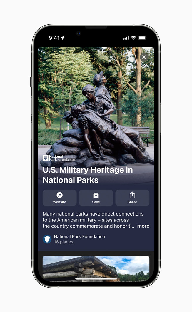 The US Military Heritage in National Parks guide in Apple Maps displayed on iPhone 13 Pro.