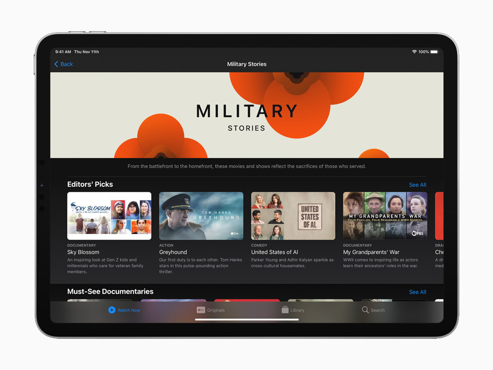 The Military Stories collection on the Apple TV app displayed on iPad.