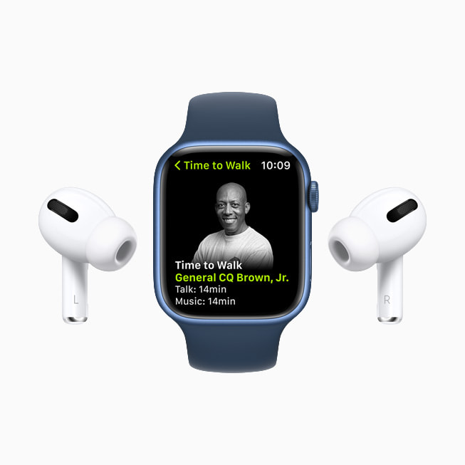 Time to Walk episode displayed on Apple Watch Series 7 with AirPods.