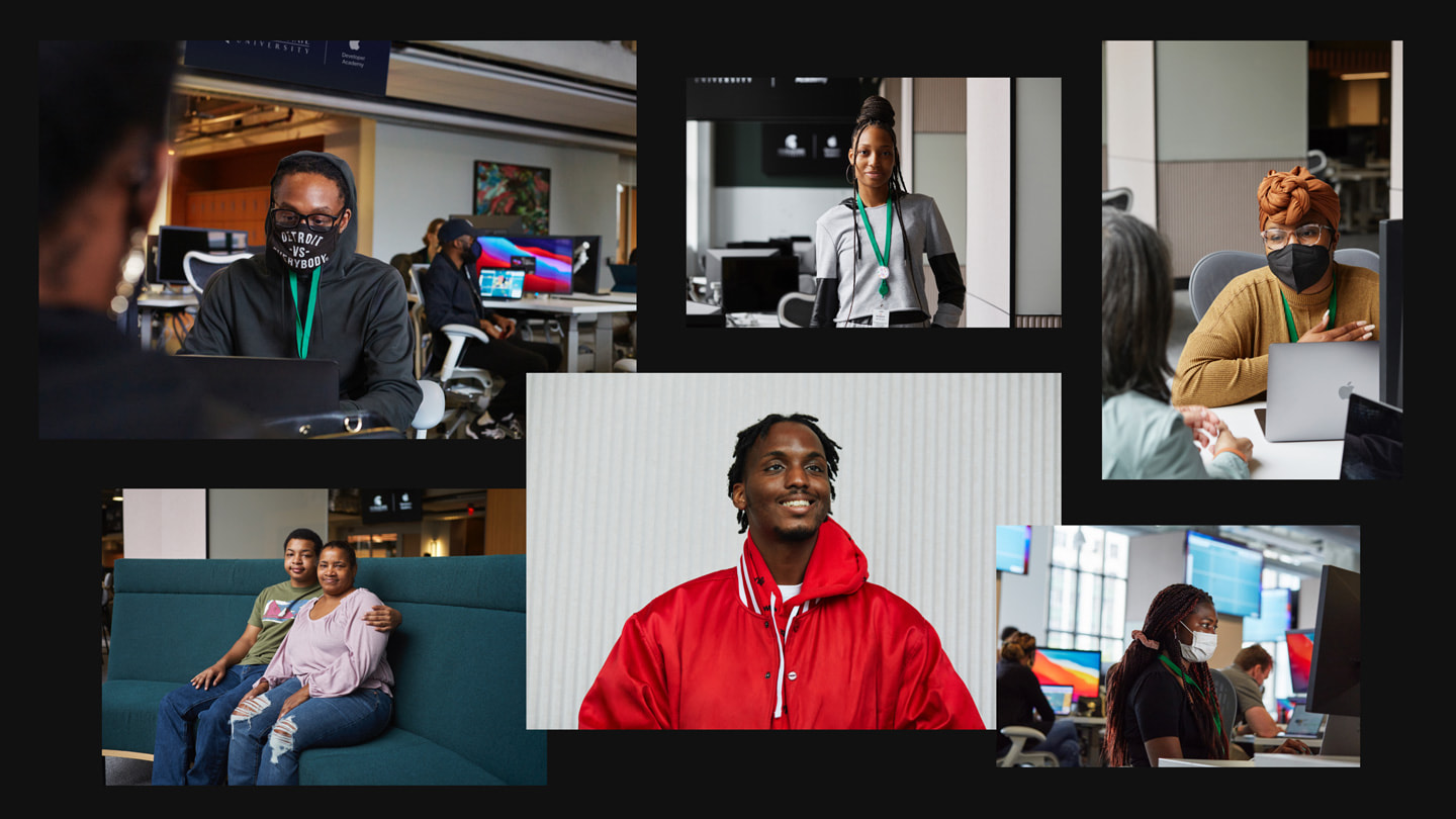 Collage of classroom students in the Apple Developer Academy in Detroit.