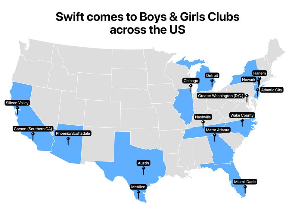 A map of the United States shows where Apple is teaming up with Boys & Girls Clubs of America to bring new coding opportunities to students.