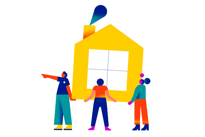 Three figures lift a house, illustrating the concept of housing assistance.