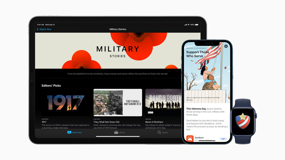 iPad Pro displaying military stories on Apple TV+, iPhone 12 Pro displaying an App Store collection, and Apple Watch displaying a special award for Veterans Day. 