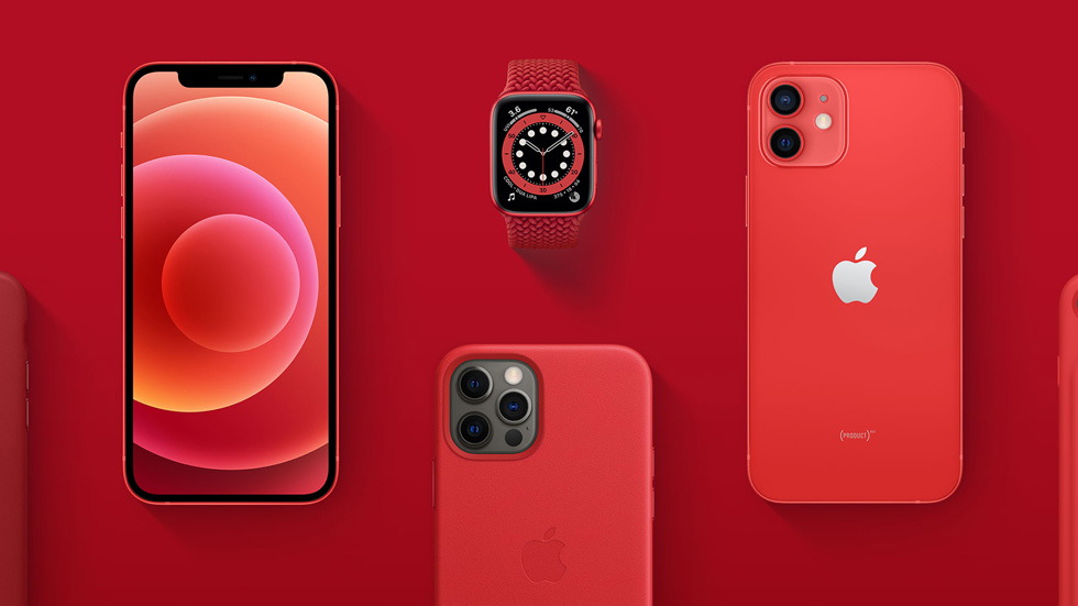 Apple iPhone 12 (PRODUCT) RED, iPhone 12 Pro, Apple Watch Series 6 (PRODUCT) RED, und iPhone 12 mini (PRODUCT) RED.