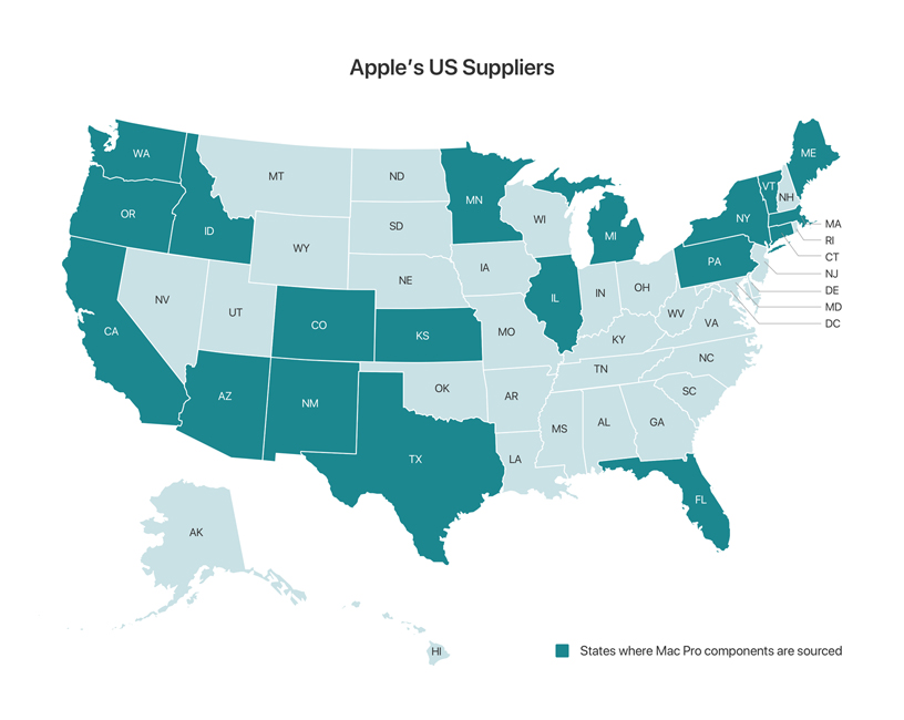 A map showing Apple suppliers in the United States.