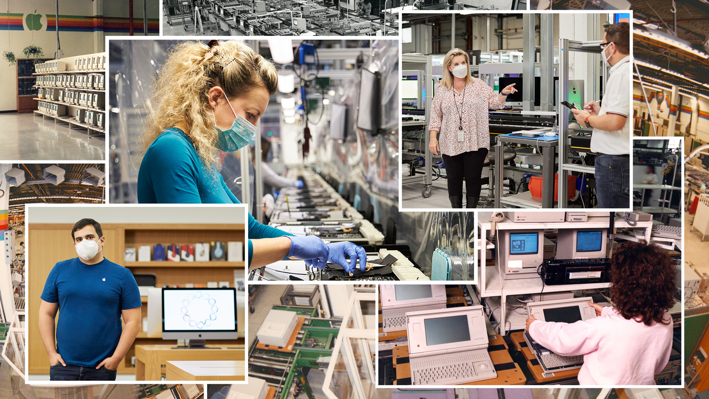 Collage von Apple Mitarbeitern, die die letzten 40 Jahre auf dem Apple Campus in Cork, Irland, gearbeitet haben. 