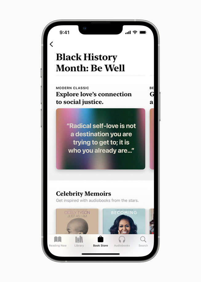 Раздел в приложении «Книги», посвящённый Месяцу афроамериканской истории, на экране iPhone 13 Pro.