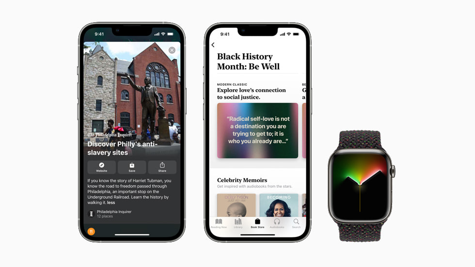 Se muestra Mapas de Apple y Apple Books en un iPhone 13 Pro, además de la nueva correa uniloop trenzada Black Unity y la carátula Luces de la Unidad en un Apple Watch Series 7.