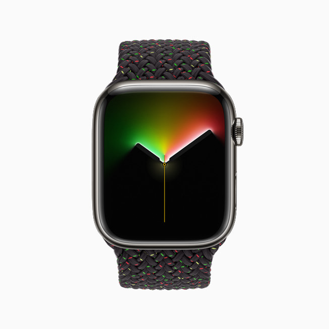 Das neue Apple Watch Black Unity Braided Solo Loop Band und Unity Lights Zifferblatt.