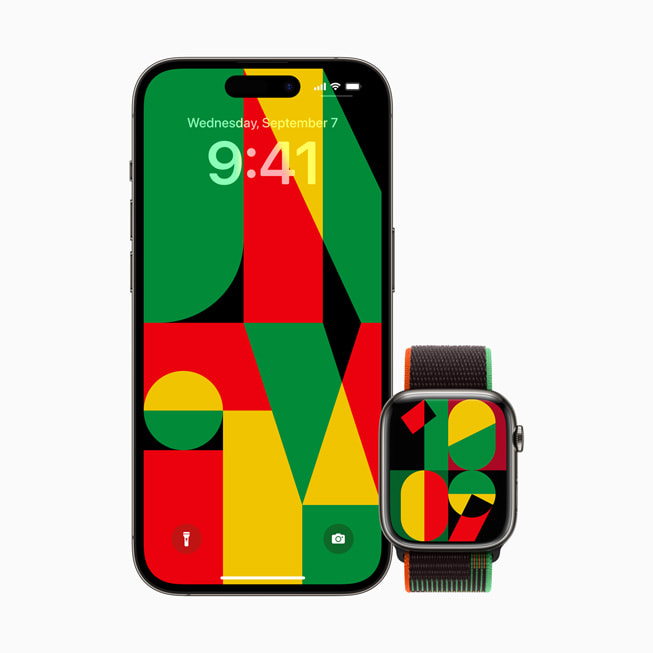 Le nouveau fond d’écran Unité est affiché sur un iPhone et une Apple Watch. 