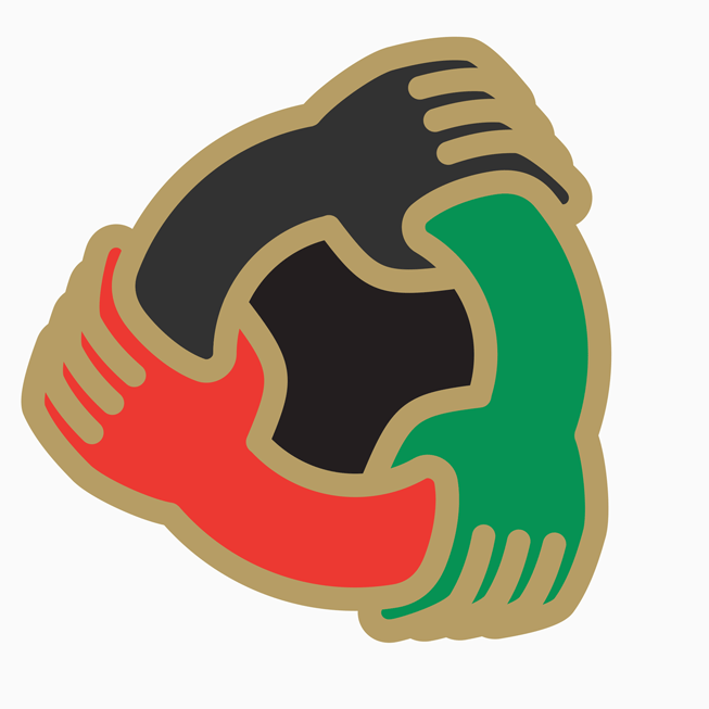 Um ícone verde, preto e vermelho mostra três mãos dadas.