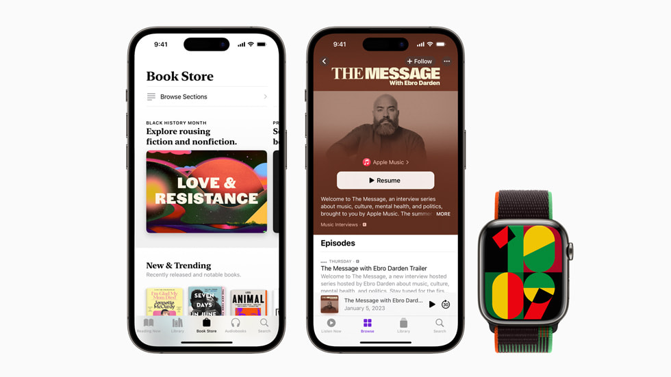 Due iPhone e un Apple Watch che mostrano le app Libri e Podcast di Apple, e il nuovo sfondo Black Unity.