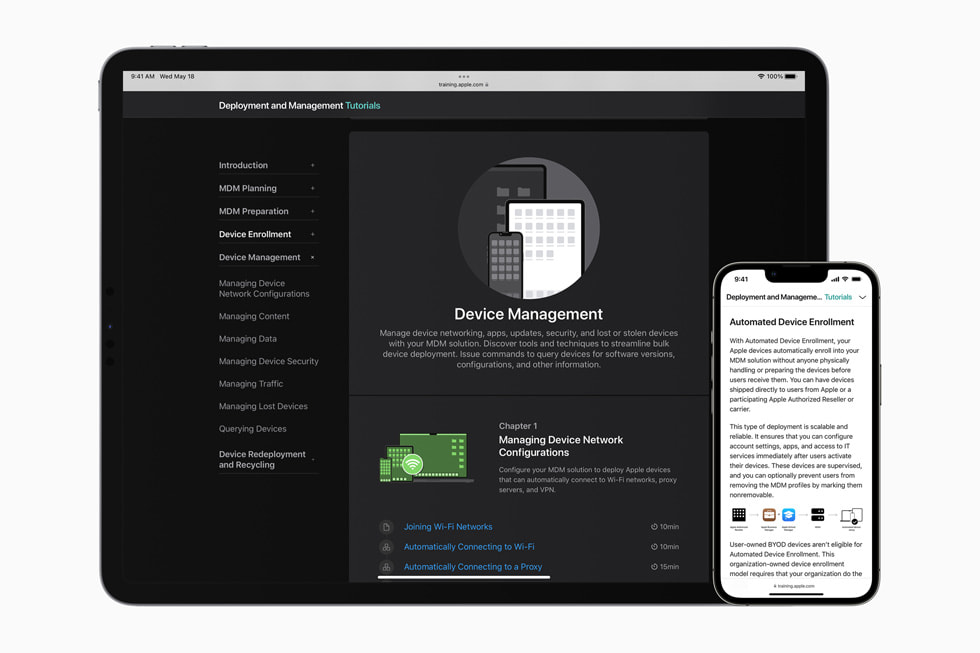 Apple이 업데이트한 IT 지원과 관리 분야 전문 교육 및 인증 프로그램을 보여주는 MacBook 및 iPhone 화면.