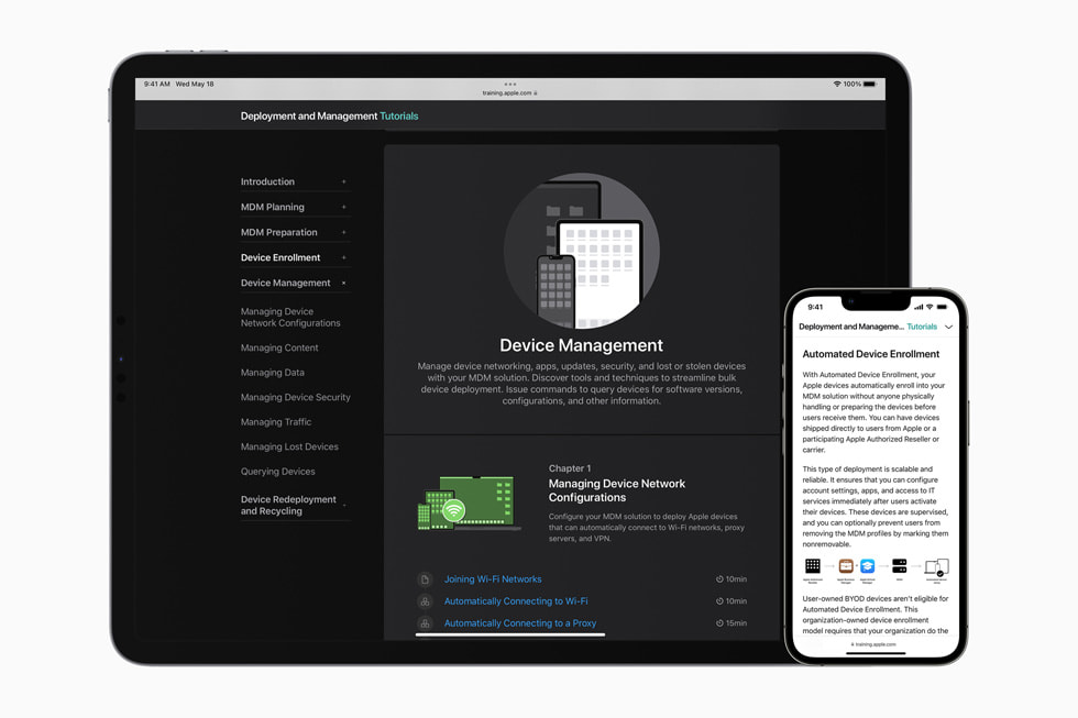 MacBook och iPhone som visar Apples uppdaterade fortbildning och certifieringar om it-support och enhetshantering.