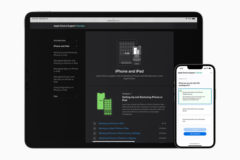 MacBook and iPhone screens show Apple’s updated professional training and certifications for IT support and management.