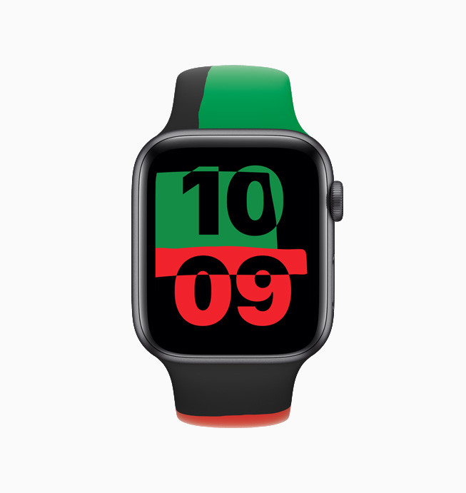 Front-facing Apple Watch Series 6 Black Unity displaying the Unity watch face.