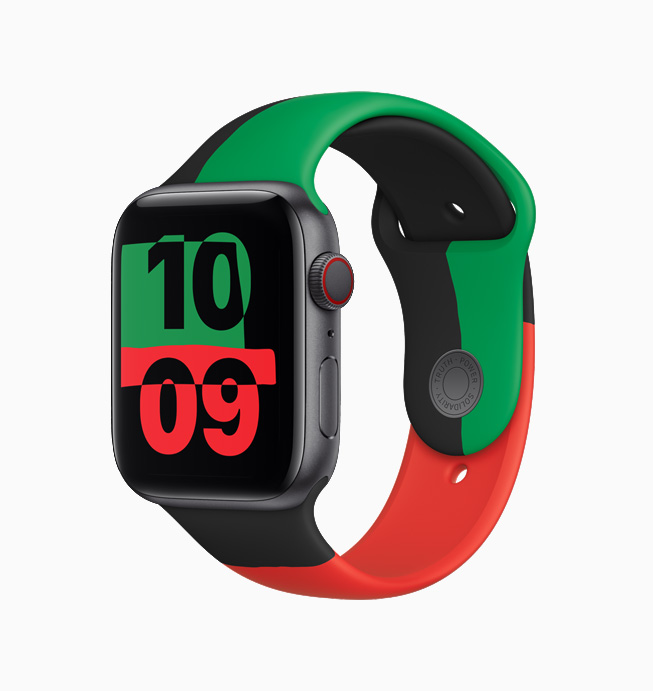 Apple Watch Series 6 Black Unity, with the Black Unity Sport Band and Unity watch face.