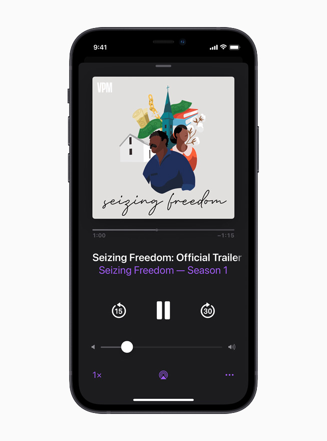 “Seizing Freedom” on Apple Podcasts is displayed on iPhone 12.