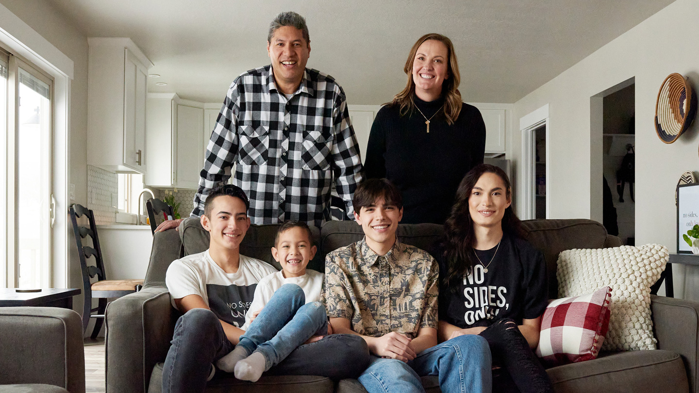 Family portrait of the Toelupes. Back row, from left: Packard and Chrisann Toelupe. Front row, from left: Gabe, Kainoa, Micah, and Kristian Toelupe. 