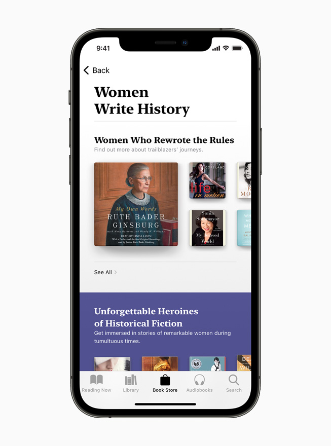 Women Write History collection of biographies and memoirs on Apple Books, displayed on iPhone 12.