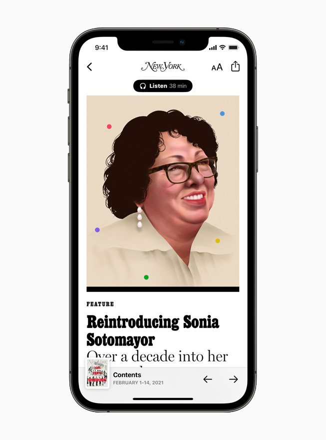 Profil de Sonia Sotomayor dans le New York Magazine sur Apple News, affiché sur l’iPhone 12.