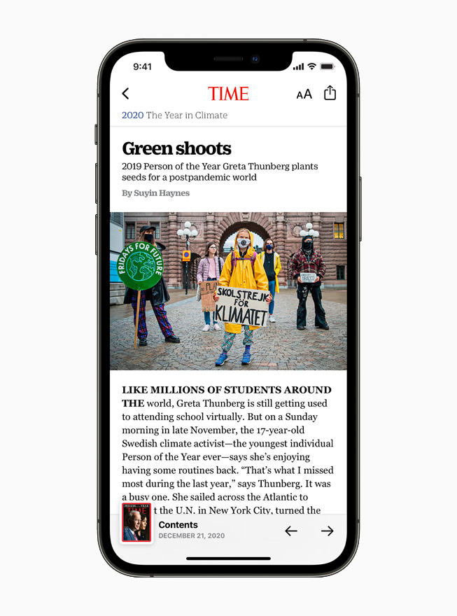 Profil de Greta Thunberg dans le magazine TIME sur Apple News, affiché sur l’iPhone 12.
