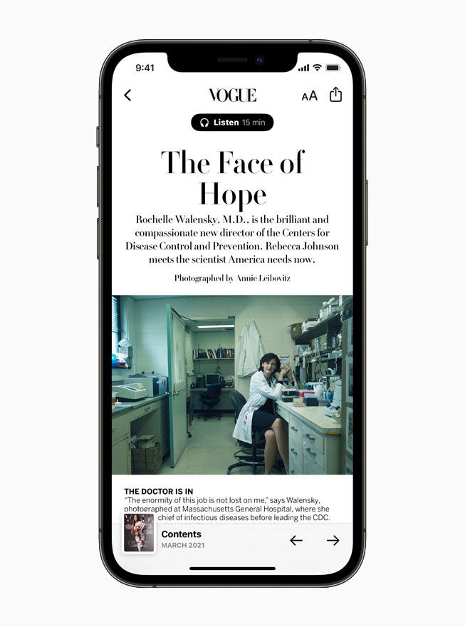 Vogue magazine profile of the Centers for Disease Control's new director, scientist Rochelle Walensky, on Apple News, displayed on iPhone 12.