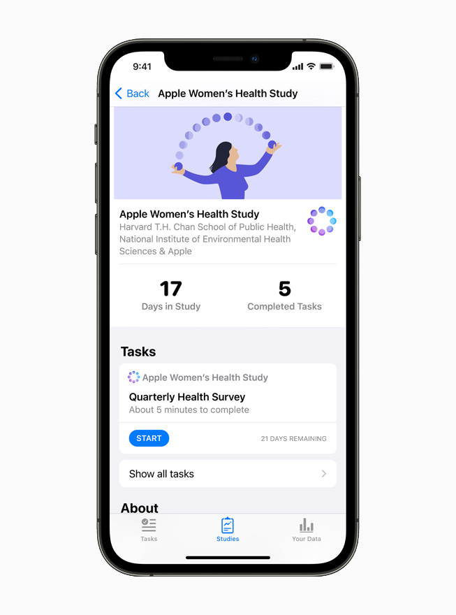 Lo studio di ricerca Apple Women’s Health Study su un iPhone 12.