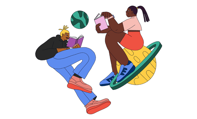 Animated GIF of Black teens reading in outer space.