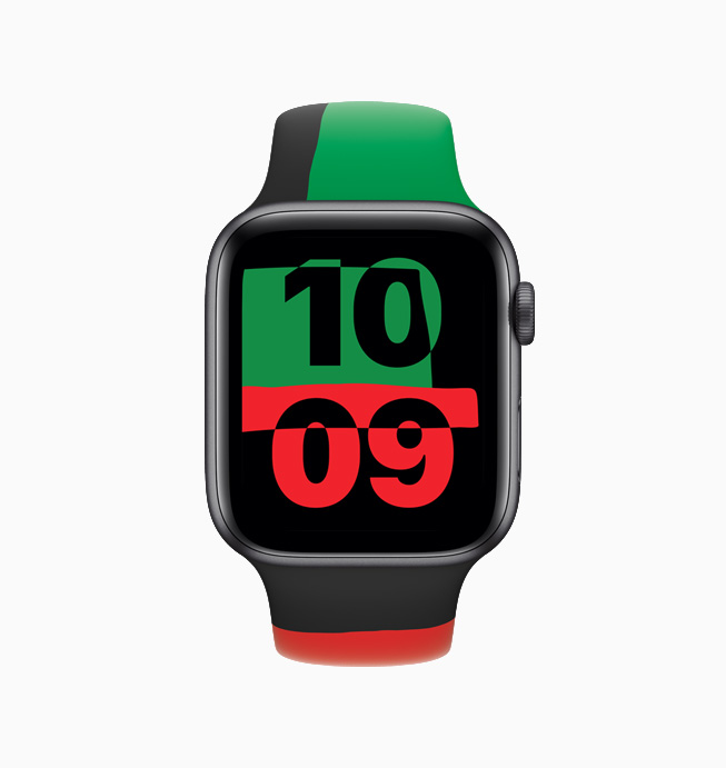 Front-facing Apple Watch Series 6 Black Unity displaying the Unity watch face.