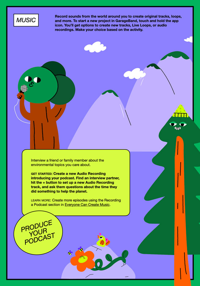 An illustrated graphic shows the music page from the Apple Camp Field Guide, which talks about recording sounds and producing a podcast.