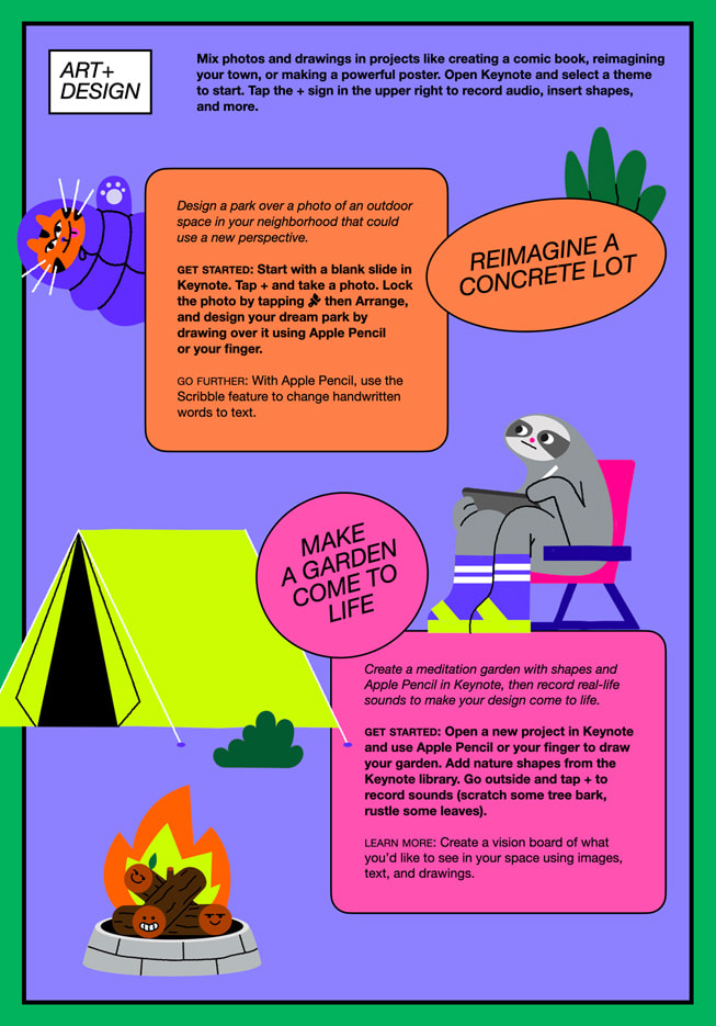 رسم غرافيك توضيحي يظهر صفحة الفن والتصميم من دليل مخيم Apple Camp الميداني، والذي يتحدث عن إعادة تخيل لكتلة خرسانية وإعادة الحياة إلى حديقة.