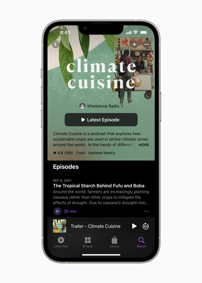 The latest episode of the “Climate Cuisine” podcast by Whetstone Radio is shown in Apple Podcasts.