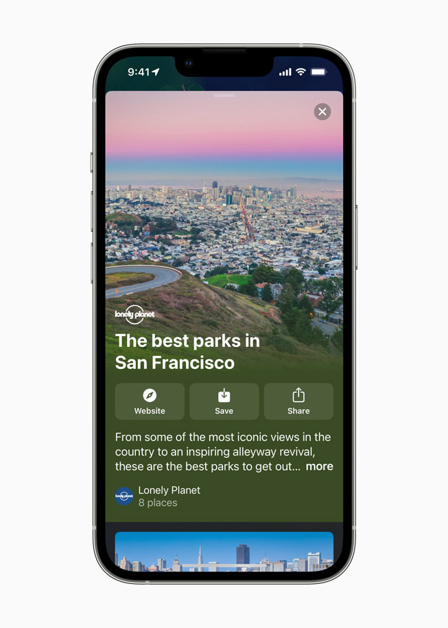 iPhone’daki Harita uygulamasında San Francisco’nun en güzel yerlerini öne çıkaran Lonely Planet rehberi gösteriliyor.