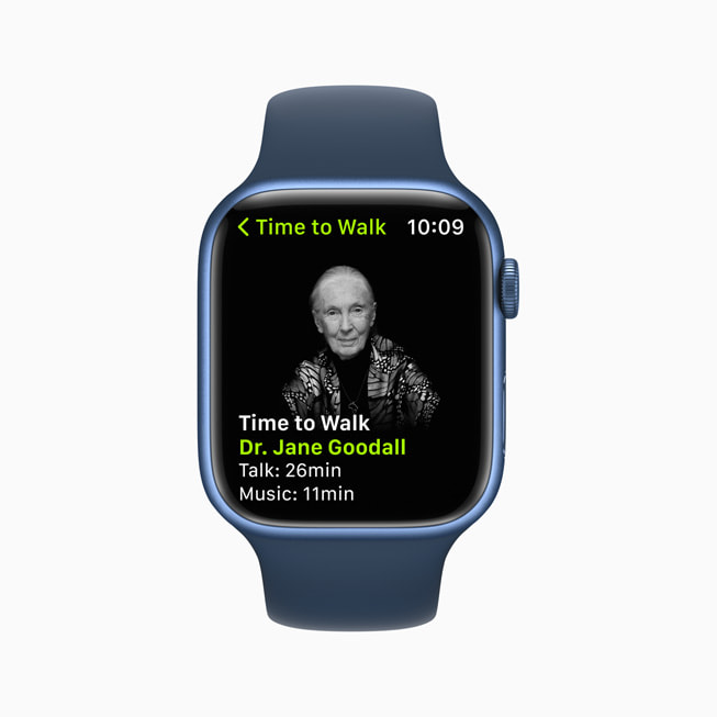 L’épisode de Marchez animé par la Dʳᵉ Jane Goodall est présenté sur une Apple Watch.