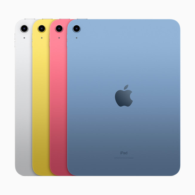 O iPad (10ª geração) nas cores prateado, amarelo, rosa e azul.