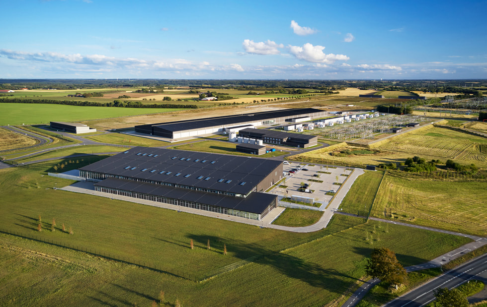 An overhead view of Apple's data center in Viborg, Denmark, is shown.