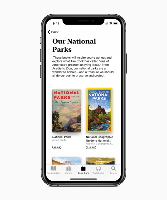 iPhone showing National Parks content on Apple Books.